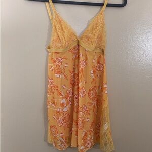 VTG, Y2K Babydoll Lingerie Inspire Tank, Orange Yellow Floral Roses, Large, Lace